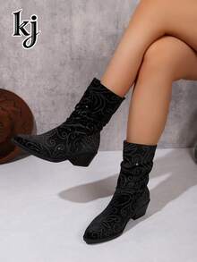 Botas de tobillo con punta y fruncido, con patrón de remolino de strass negro, botas de tacón grueso para mujeres europeas y americanas para fiestas - Negro - Ver 2