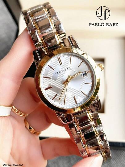 Pablo Raez 1pc Women's Vintage Watch, 18K Gold Jewelry Accessory, Stainless Steel Luxury Dress Watch, Silver Elegant Premium New Design Business Quartz Watch, Minimalist Texture Fashion White Dial, Calendar Display, Gorgeous High-Quality AAA Girls Popular Watch, 50m Waterproof, Solid Steel Metal Heavy Band With Jewelry Clasp, Casual Student Cute Electronic Watch, Daily Life/Work/Party Decoration, Husband Father Boyfriend Gift, Birthday Graduation Wedding Gift