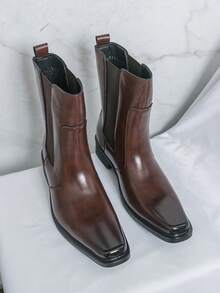 Men's Square Toe Solid Color Comfortable Breathable Thick Sole Height Increasing Slip-On Daily Commute Casual Boots - Brown - View 3