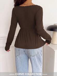 Plus Size SCARLUX Autumn/Winter Y2K Women's Brown V-Neck Long Sleeve Knit Top, Suitable For Back To School, Street, Commute And Comfortable Home Wear - Brown - View 3