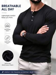 Kaos Pria Hitam Lengan Panjang untuk Semua Musim dengan Plaket Setengah Kardigan - Hitam - View 1