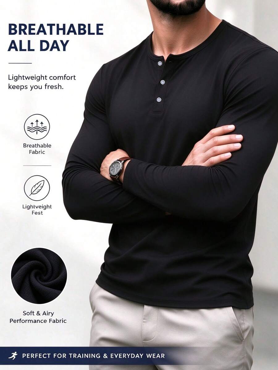 Kaos Pria Hitam Lengan Panjang untuk Semua Musim dengan Plaket Setengah Kardigan - Hitam - View 1