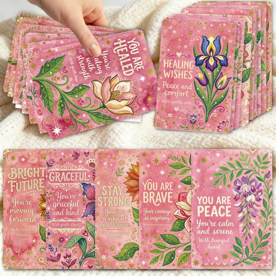 36 Healing Floral Guidance Cards, English Pink Floral Emotional Expression Prompt Oracle Cards - A - View 1