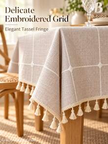 Bubaba 1pc Beige Embroidered Plaid Rectangular Tablecloth With Tassel Fringe, Cotton Polyester Blend Linen Texture, Vintage Bohemian Farmhouse Style, Suitable For Kitchen, Dining Room Rustic Table Decor, Daily Use And Family Gatherings - Multicolor - View 6
