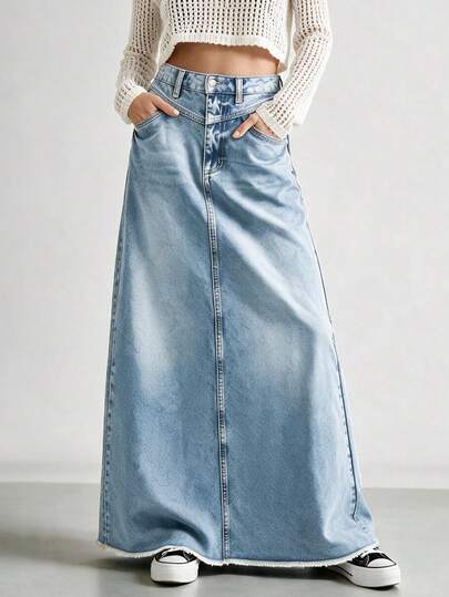 Plus Size Women's Front Button Pocket Simple Elastic Waist Denim Skirt, Casual Daily Tassel Long Skirt, Blue Street Elegant Skirt