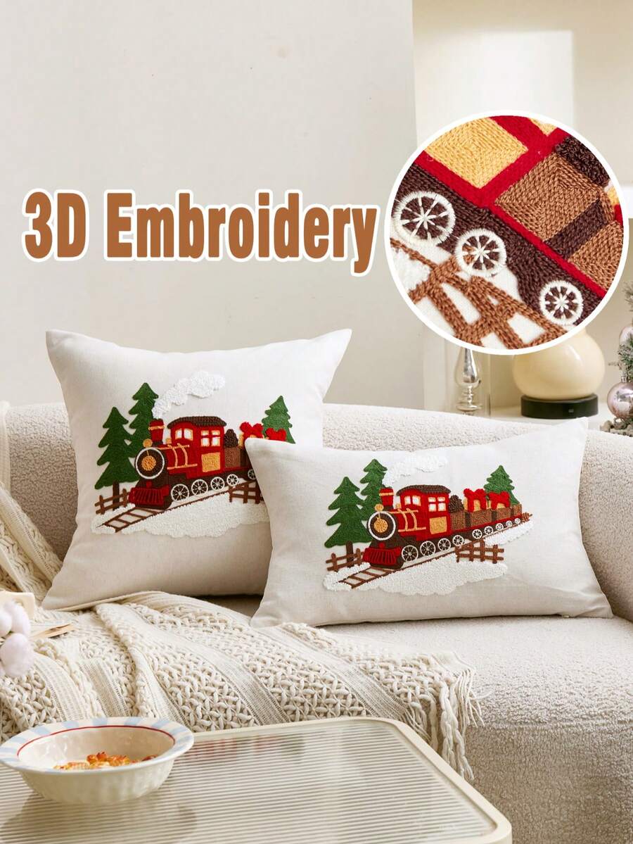 1件刺繡聖誕枕套，冬季雪景火車與松樹亞麻混紡裝飾抱枕套，農舍鄉村風聖誕靠墊套，適用於沙發客廳節日裝飾，不含枕芯