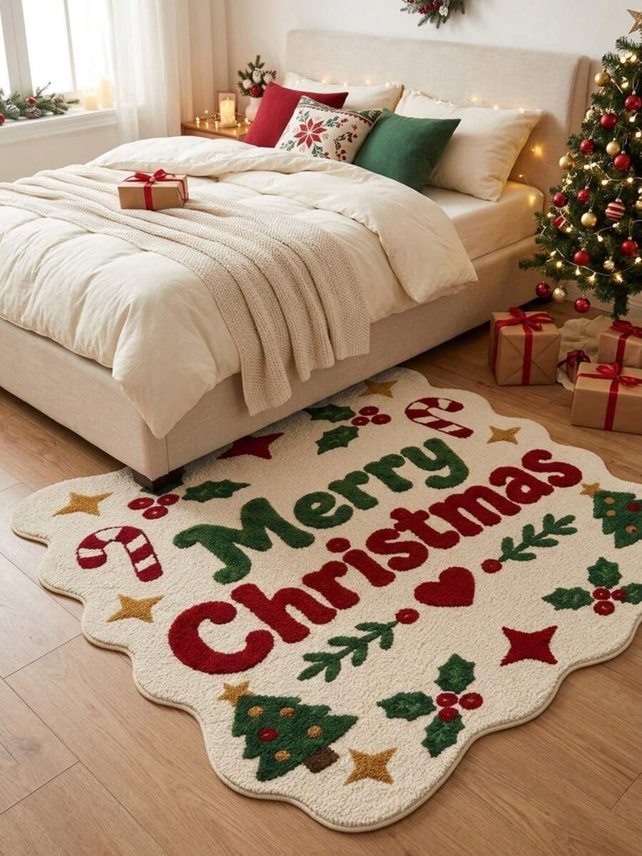 1PC Rice Bottom Wavy Edge Text Christmas Element Pattern Decorative Rug, American Retro Cozy Fun Faux Cashmere Wavy Asymmetrical Machine Washable Carpet, Suitable For Christmas/Entryway Bathroom Kitchen Bedside Blanket/Winter Holiday Atmosphere Mat, Aesthetic Home Decor - Multicolor - View 1