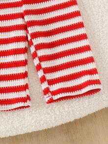 2pcs Baby Girl Cute Mori Style Bright Color 3D Strawberry Waist Bow Knitted Striped Long Sleeve Top & Pants Set, Spring/Autumn New Minimalist - Red and White - View 6