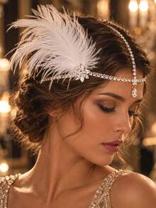 1pc 1920s Flapper Feather Headband, Floral Rhinestone Y-Shaped Forehead Chain With Teardrop Pendant, Vintage Roaring Twenties Wedding Party Headpiece - Rhinestones - View 1