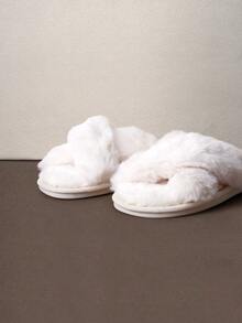 Hatastic Fall/Winter Women Cross Strap Fluffy Bedroom Slippers, Fabric Fashion Slippers White - White - View 3