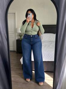 Women's Plus Size Blue Wide Leg Jeans, Button Detail Design, Long, Mid-Stretch, Suitable For Autumn Wear - Dark Blue - View 5
