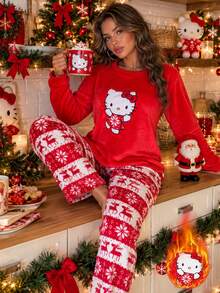 SANRIO Women's Long Sleeve Top & Long Pants 2 Pieces Set, Home Loungewear With 3D Applique Embroidery, Fashionable Fleece, Warm And Cozy For Autumn/Winter - Red - View 6