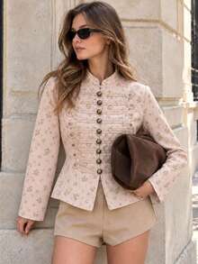 GMFP Women's Spring/Autumn Pink Soft Ditsy Floral Stand Collar Frog Button Slim Fit Cropped Jacket, Suitable For Back To School, Halloween, Christmas Party And Daily Wear - Pink - View 3