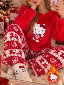 SANRIO Women's Long Sleeve Top & Long Pants 2 Pieces Set, Home Loungewear With 3D Applique Embroidery, Fashionable Fleece, Warm And Cozy For Autumn/Winter - Red - View 2