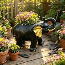 Large Elephant Resin Flowerpots, Windproof Animal-Shaped Pots, Decorative Garden Pots, Outdoor Garden Decor, Courtyard Balcony Home Decorations, Traditional Style - Black - View 5
