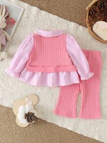 2pcs Baby Girl Cute Casual Long Sleeve Ribbed Collared Shirt & Ribbed Pants Set, Thin Spring/Autumn - Pink - View 2