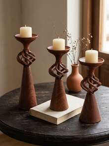 3Pcs/2Pcs/1Pc Wood Grain Metal Candle Holder Set, Modern Pillar Candle Stands, Sculptural Candlestick Holders, Rustic Home Decor, Farmhouse Decor, Boho Table Centerpiece, Living Room, Dining Table, Wedding, Christmas Decor, Housewarming Gift. - Vintage Design - View 3