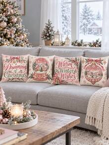 shangxia 4PCS--Pink Crystal Ball Christmas Print Pillow Covers, Bow Bell Small Town Snow Scene Text Sofa Cushion Covers---(Pillow Insert Not Included) - Pink - View 2