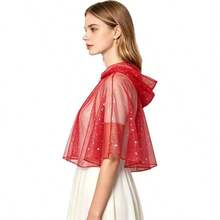 1pc Christmas Star Foil Print Short Cape For Carnival Party, Stage Performance, Halloween, Cosplay, Spring/Summer Short Shawl, Star Mesh Hooded Cardigan Cape - Red - View 6
