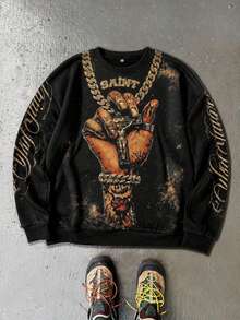 Krometka Men's American Street Style Distressed Vintage Crew Neck Sweatshirt, Tattoo Hand Cross Gold Chain SAINT Letter Print Loose Fit Pullover - Brown - View 6
