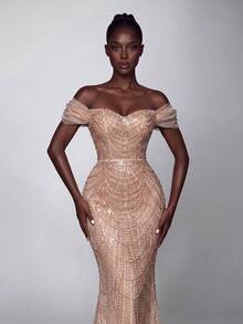 Elegant Cold Shoulder Ruched Sleeve Beaded Sequin Mermaid Dress, Ideal For Photography, Beach Vacations, Resorts, Parties And Formal Events - Champagne - View 3