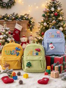 1pc Personalized Pink Customized Name Corduroy Backpack, Cute Student School Bag, Exquisite Embroidered Bag, Unique Back To School Birthday Gift, Aesthetic Retro Sweet Style, Chenille Applique - Multicolor - View 4