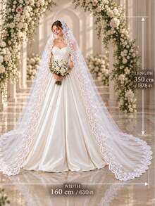 1pc Floral Lace Sequin Cathedral Style Bridal Veil, Long Wedding Veil With Metal Comb, Suitable For Bride - Multicolor - View 10