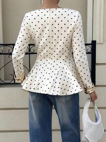 Vuslat Women's Winter Fashion Polka Dot Round Neck Cinched Waist Ruffle Hem Long Sleeve Top, Suitable For Commute, Date, Birthday, Party - Black and White - View 4