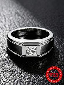 1pc 3ct S925 Sterling Silver Princess Cut Moissanite Men's Ring, Wide Polished Band With Single Stamp - Style A-white - View 7