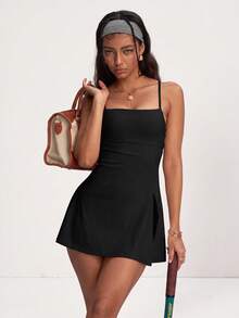 PinkTip Camisole Yoga Dress With Built-In Shorts, Criss-Cross Back Design, Suitable For Gym And Outdoor Sports, Tennis Skirt Logo Version Black Summer Style - Black - View 4