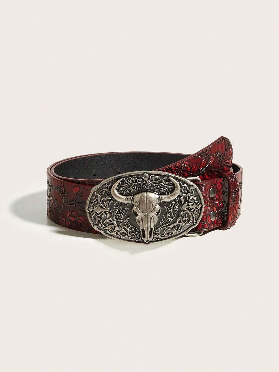 1pc Bohemian Western Cowboy Style Floral Carved Bull Head Metal Buckle ...