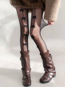 Women Bow Decor Fishnet Tights, Elegant Sheer Mesh Pantyhose, High Waist Hollow Out Net Stockings, Stylish For Party Daily Outfit Matching - Black - View 4