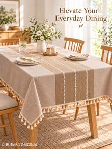 Bubaba Bohemian Farmhouse Style Beige Rectangular Tablecloth, White Embroidered Stripes With Tassel Trim, Linen-Textured Cotton Polyester Blend Tablecloth, Rustic Vintage Restaurant Decor, Suitable For Kitchen, Dining Room, Daily Use And Holiday Gatherings - Multicolor - View 2