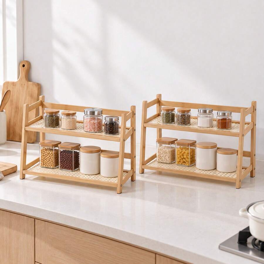 EZIFY 2pcs 2 Tier Standing Shelf Unit For Coffee Bar, Bamboo Plastic ...