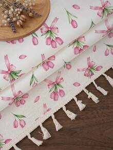 1pc Daily Minimalist Pink Bow Tulip Pattern Polyester Cotton Lace Tablecloth, Stain-Resistant With Tassel Fringe Dining Table Decor Cloth, Suitable For Square And Round Tables, Kitchen, Dining Table, Coffee Table, TV Cabinet, Entryway, Party Holiday Decoration, Home Decor, Family Gathering - Multicolor - View 6