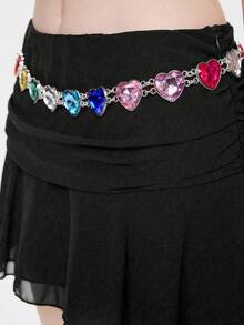 Subculture Accessory, Dopamine Style Rainbow Heart Waist Chain, Full Heart-Shaped Colorful Rhinestones With Rich And Transparent Colors, Silver Chain Minimalist And Versatile, Adjustable Chain Design For Easy Wear And Removal, Niche Personalized Accessory, Suitable For Daily Outings, Music Festivals And Various Styling Scenarios - Silver - View 2