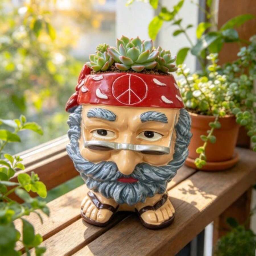 Hippie Old Man Face Resin Flower Pot - A - View 1