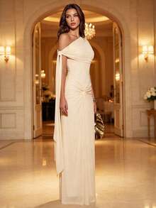 Summer Asymmetric One-Shoulder Fitted Waist Twisted Design Evening Gown, Suitable For Vacation And Date - Yellow - View 1