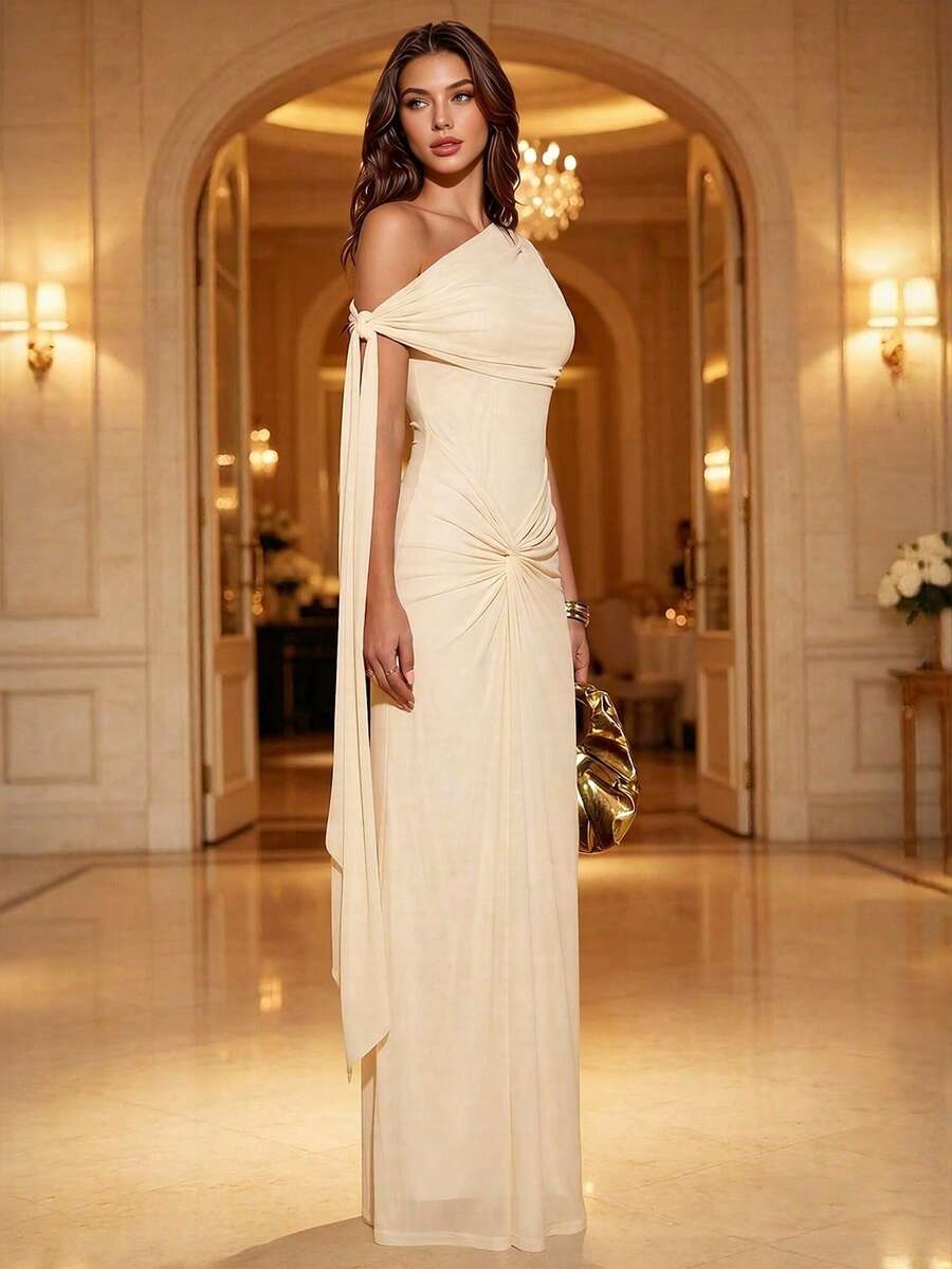 Summer Asymmetric One-Shoulder Fitted Waist Twisted Design Evening Gown, Suitable For Vacation And Date - Yellow - View 1