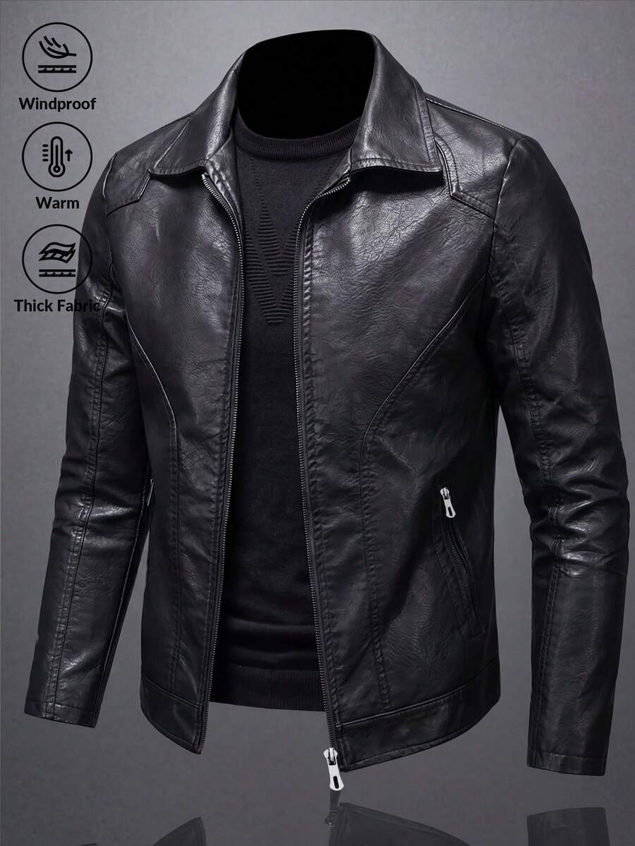 Men's Spring/Autumn PU Leather Jacket, Motorcycle Style Jacket, Zipper Front Leather Coat - Black - View 1