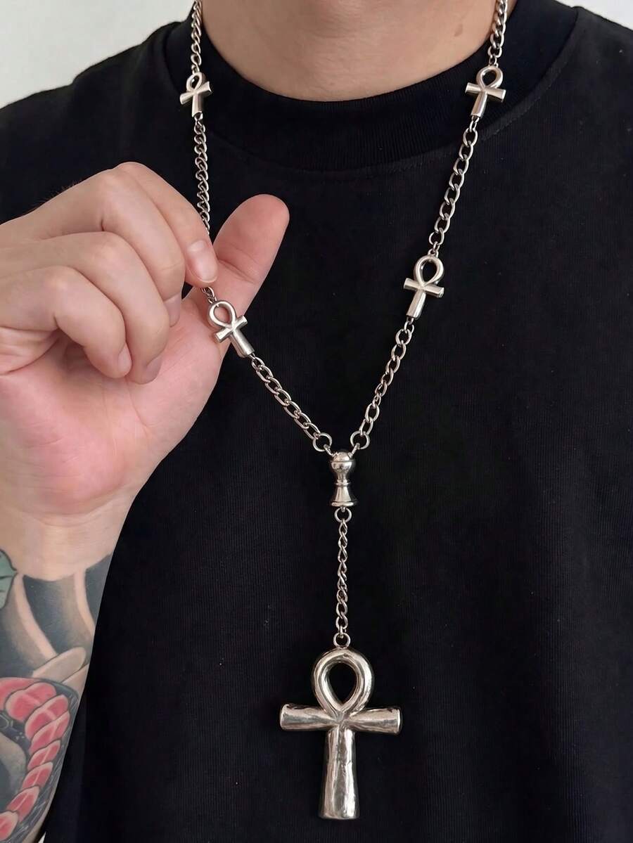 1pc Men's Pendant Necklace, Metal Silver Fashion Retro Style Ankh Cross Pendant Necklace, Suitable For Daily Wear And Party - Silver - View 1