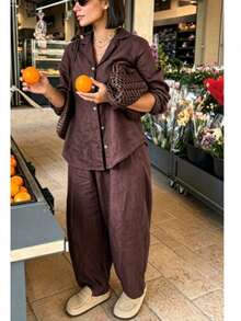New Vintage Commuter Lapel Shirt And Wide Leg Pants 2-Piece Set, Shirt With Pocket Design, Casual Elegant Style - Redwood - View 4