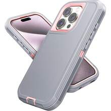 1件裝 (黑色+黑色) 重型防震全包覆防塵耐用 3合1手機殼，適用於 iPhone/Galaxy - 淺灰+粉 - 查看 3