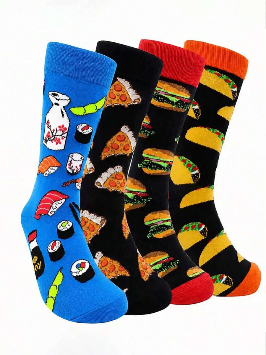 1/4 Pair Delicious Food Print Socks, Comfortable Breathable Mid-Calf Socks, Fun Daily Wear - Multicolor - View 1