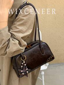 Vintage PU Leather Shoulder Bag Studded Decor Bowling Bag With Star Beaded Charm Retro Handbag For Women Suitable For Daily Used Office Shopping - Coffee - View 2