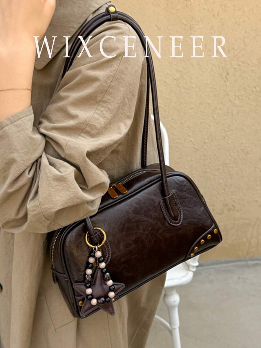 Vintage PU Leather Shoulder Bag Studded Decor Bowling Bag With Star Beaded Charm Retro Handbag For Women Suitable For Daily Used Office Shopping