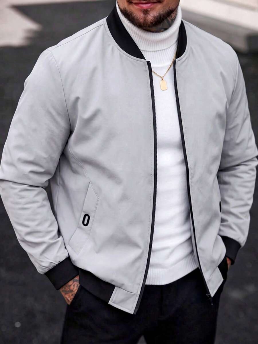 Blueprint Man 1pc Men's Gray Baseball Collar Jacket, Crisp Smooth Woven Fabric, Easy Care, Ribbed Cuffs And Hem, Fitted Silhouette, Machine Washable, Minimalist Casual Style, Men's Jacket For Spring/Autumn Daily Commute And Streetwear, Old Money Style - Grey - View 1