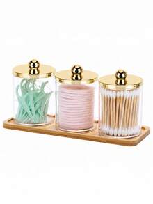 1/2/3Pcs Q Tip And Floss Pick Holder Set With Bamboo Tray, Clear Plastic Bathroom Storage Canisters With Shiny Gold Lids, Decorative Makeup Pad And Beauty Tool Organizer For Vanity Countertop And Bathroom Shelf - Multicolor - View 1