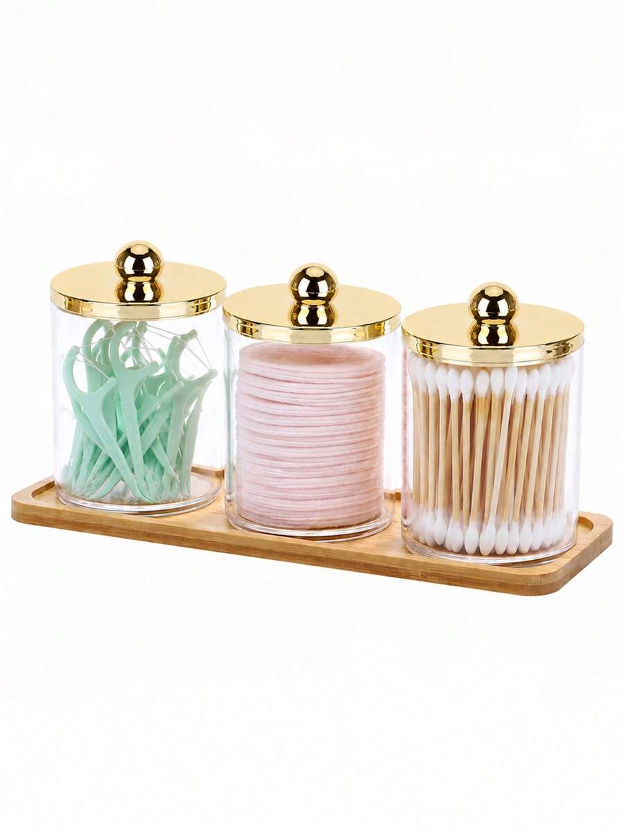 1/2/3Pcs Q Tip And Floss Pick Holder Set With Bamboo Tray, Clear Plastic Bathroom Storage Canisters With Shiny Gold Lids, Decorative Makeup Pad And Beauty Tool Organizer For Vanity Countertop And Bathroom Shelf - Multicolor - View 1