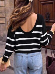 Just Masa Women's Casual Loose Striped Backless Short Long Sleeve Sweater, Winter - White and Black Stripes - View 3